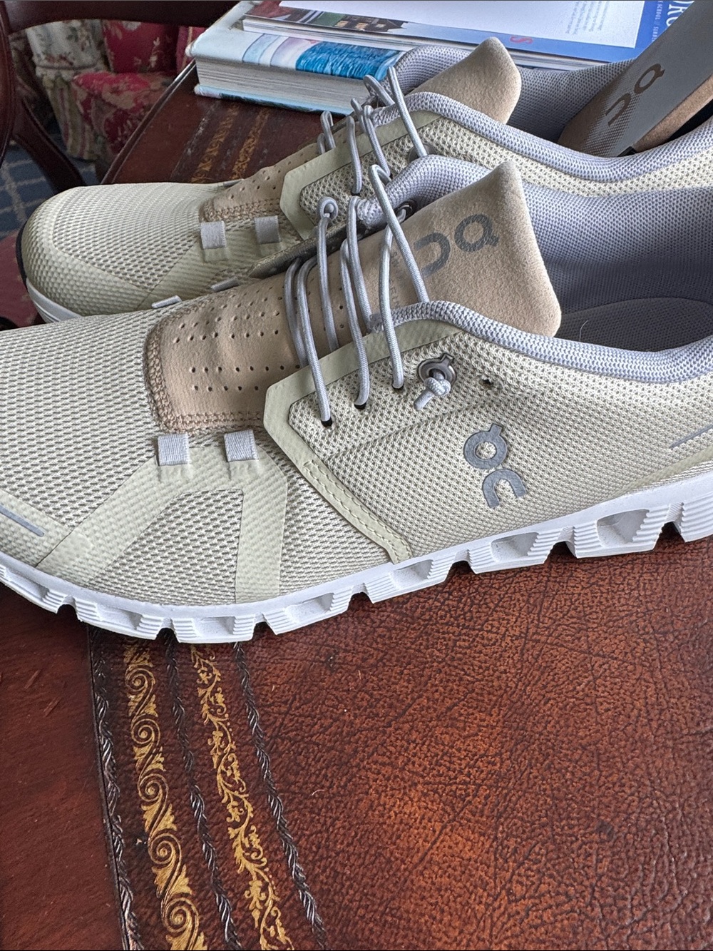 On Running Beige and White Women's Athletic Shoes
